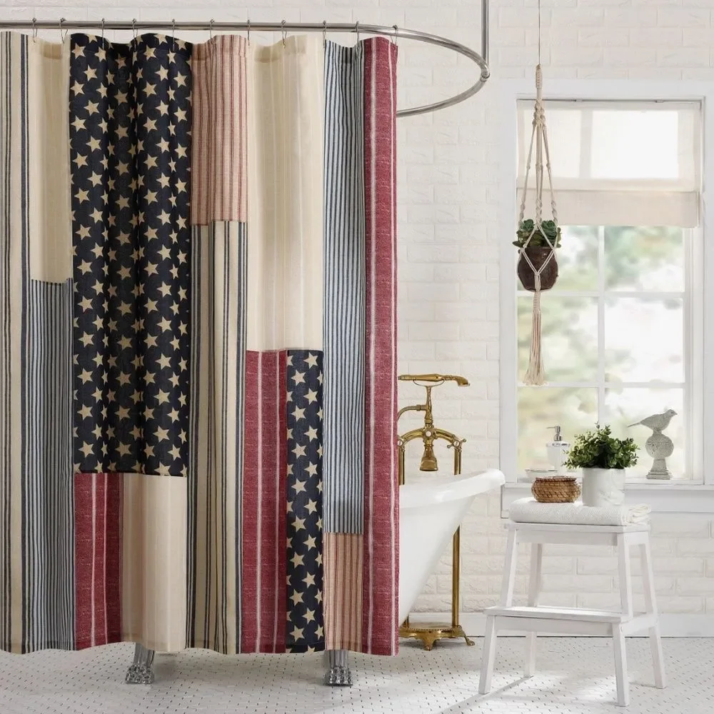 Americana Stars Stripes 100% Cotton Fabric Shower Curtain Farmhouse Cottagecore